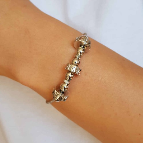 Ortası Beyaz Toplu Silindirli Gümüş Bayan Bileklik - CNG Jewels