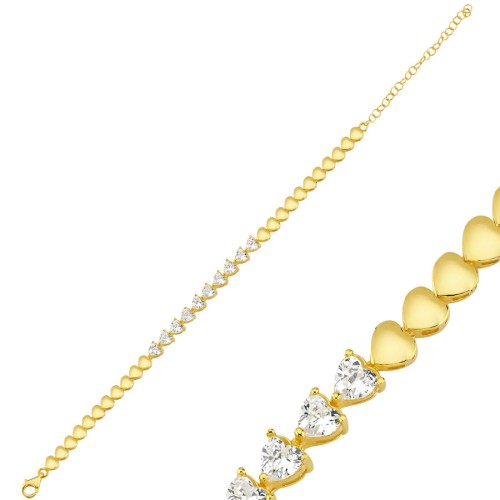 Ortası Kalp Taşlı Suyolu Gold Kadın Gümüş Bileklik - CNG Jewels