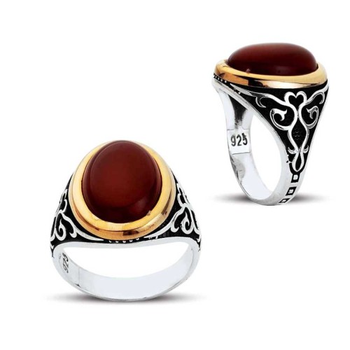 Oval Bombe Akik Taşlı Gümüş Erkek Yüzüğü - CNG Jewels