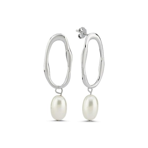 Oval Çember Halka İncili Gümüş Bayan Sallantılı Küpe - CNG Jewels