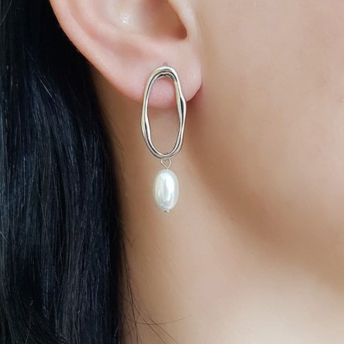 Oval Çember Halka İncili Gümüş Bayan Sallantılı Küpe - CNG Jewels (1)