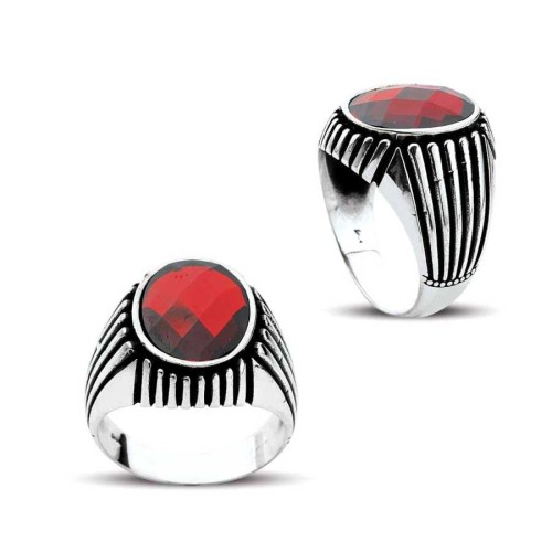 Oval Kırmızı Taşlı Çizgili Kol Gümüş Erkek Yüzüğü - CNG Jewels