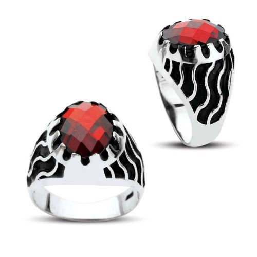 Oval Kırmızı Taşlı Gümüş Erkek Yüzüğü - CNG Jewels