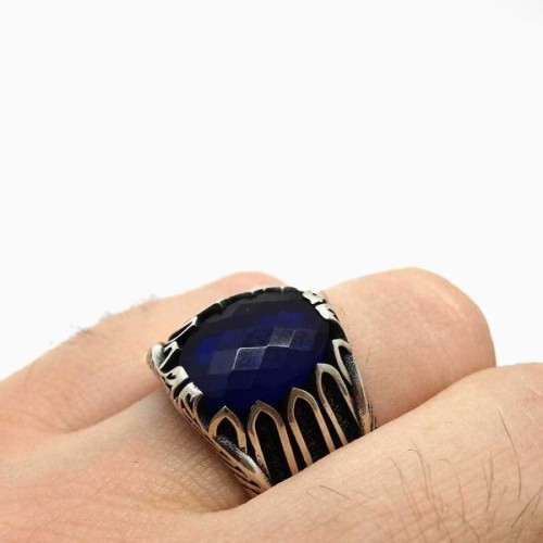 Oval Mavi Taşlı Yanları Siyah Oniks Taşlı Gümüş Erkek Yüzük - CNG Jewels