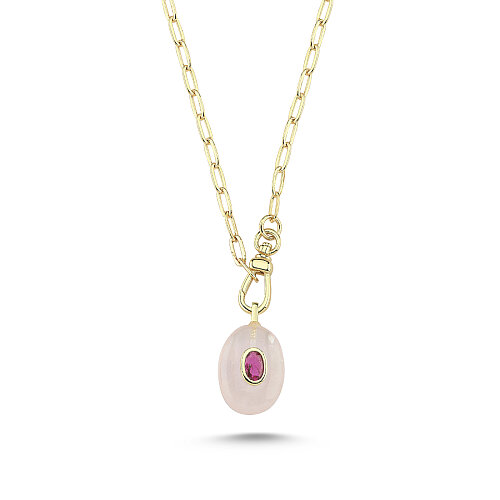 Oval Pembe Kuvars Taşlı Ataç Zincir Kolye - CNG Jewels