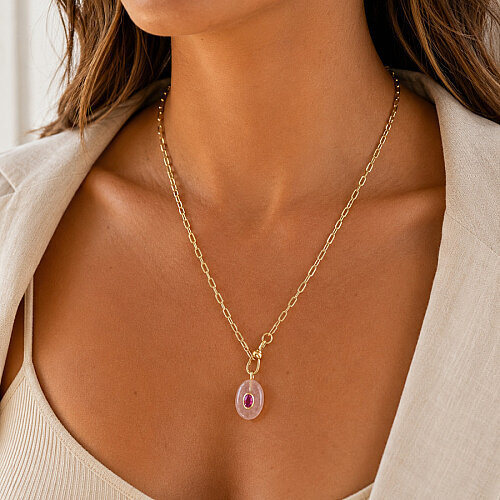Oval Pembe Kuvars Taşlı Ataç Zincir Kolye - CNG Jewels (1)