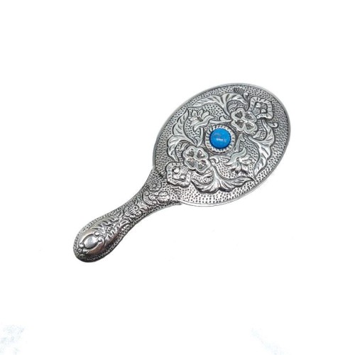 Oval Turquoise Stone Silver Hand Mirror No 1 - CNG Jewels