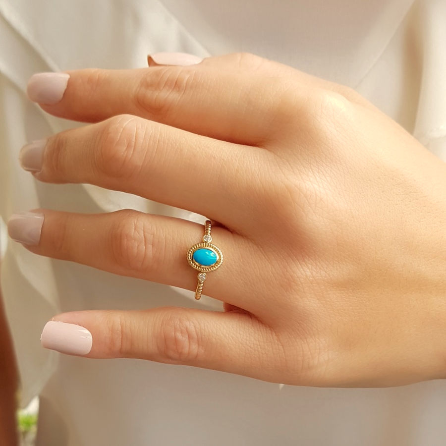 Oval Turquoise Stone Twisted Sleeve Pattern Gold Ring - 3