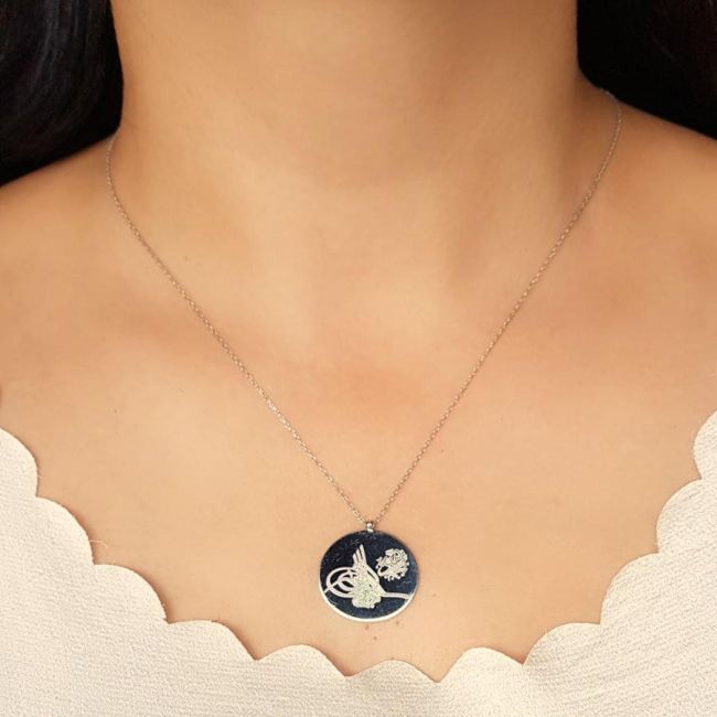 Özel Hat Sanatı Tuğra Besmele Yazılı Gümüş Kadın Kolye - 2