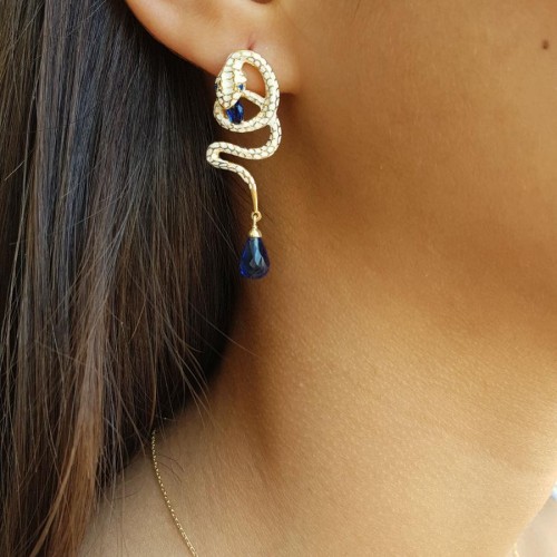 Special Design Sapphire Drop Stone Enameled Cobra Snake Silver Women's Earrings 