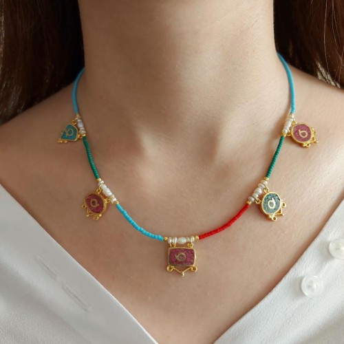 Özel Tasarım Mozaik Mercan Turkuaz Ceyt Taşlı Gümüş Bayan Kolye - CNG Jewels