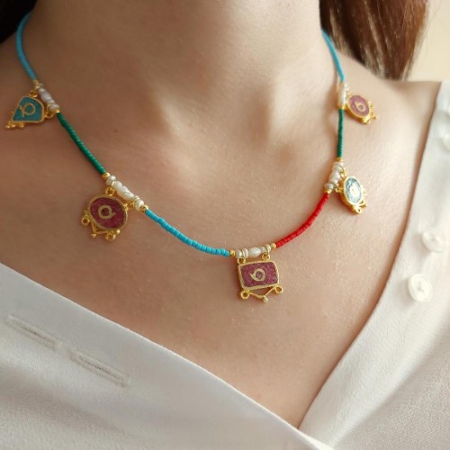 Özel Tasarım Mozaik Mercan Turkuaz Ceyt Taşlı Gümüş Kadın Kolye - CNG Jewels (1)