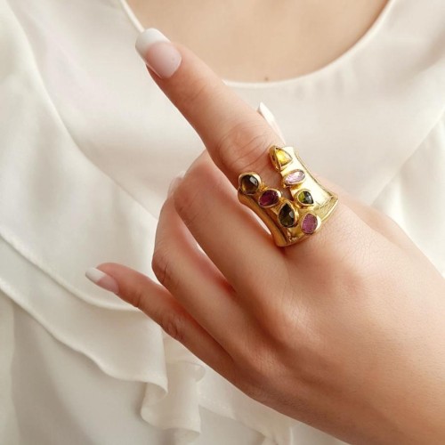 Özel Tasarım Renkli Turmalin Gold Gümüş Bayan Yüzük - CNG Jewels (1)