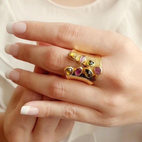 Özel Tasarım Renkli Turmalin Gold Gümüş Kadın Yüzük - CNG Jewels