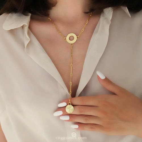 Özel Tasarım Y Şeklinde Spiral Gold Gümüş Bayan Kolye - CNG Jewels