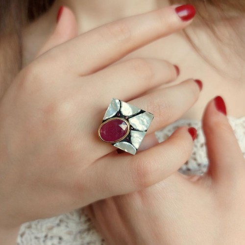 Özel Tasarım Yakut Gold Kadın Gümüş Yüzük - CNG Jewels