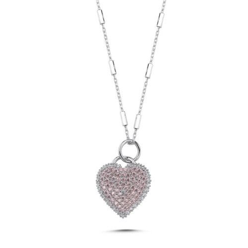 Parıltılı Pembe Kalp Gümüş Kadın Kolye - CNG Jewels