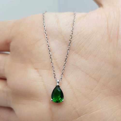 Parlak Zümrüt Renk Küçük Damla Gümüş Bayan Kolye - CNG Jewels (1)