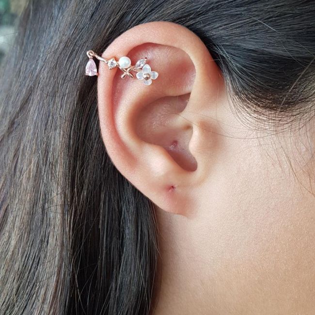 Pembe Damla Taşlı Beyaz Sedef Çiçekli Kıkırdak Cuff Küpe - 1