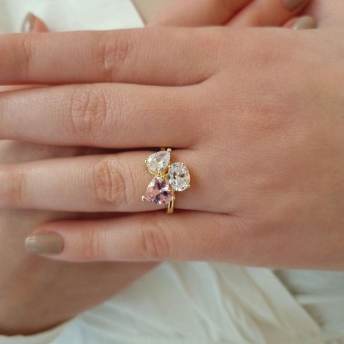 Pembe Kalp Damla Oval Tria Kadın Gümüş Yüzük - CNG Jewels