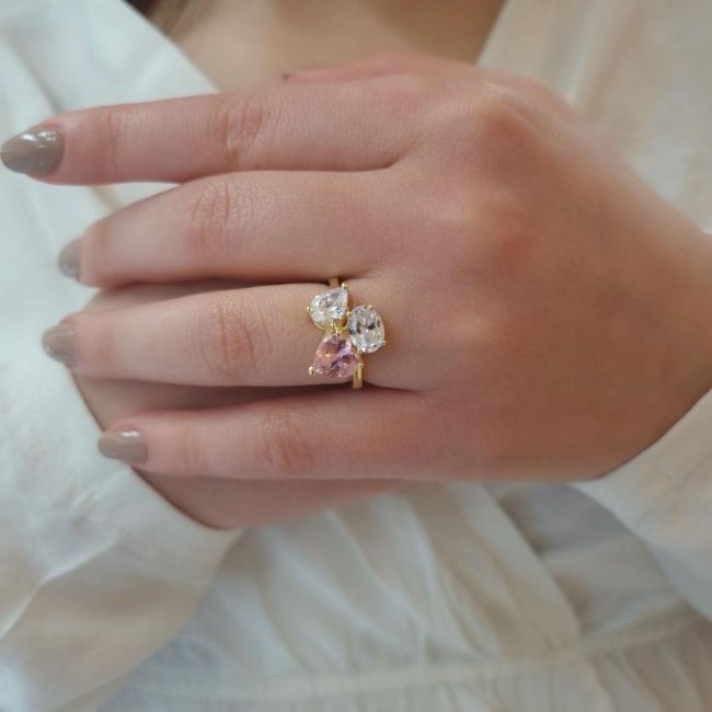 Pembe Kalp Damla Oval Tria Kadın Gümüş Yüzük - 2