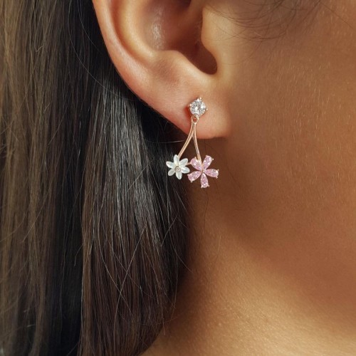 Pembe Taşlı Beyaz Çiçekli Sedefli Papatya Gümüş Bayan Küpe - CNG Jewels
