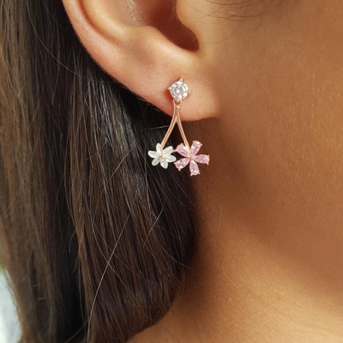 Pembe Taşlı Beyaz Çiçekli Sedefli Papatya Gümüş Bayan Küpe - CNG Jewels (1)