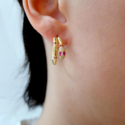 Pembe Taşlı Halka Yılan Gümüş Küpe - CNG Jewels (1)