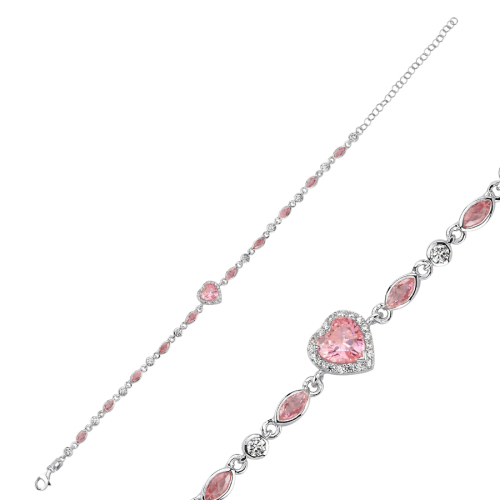 Pembe Taşlı Kalp Zincir Kadın Gümüş Bileklik - CNG Jewels