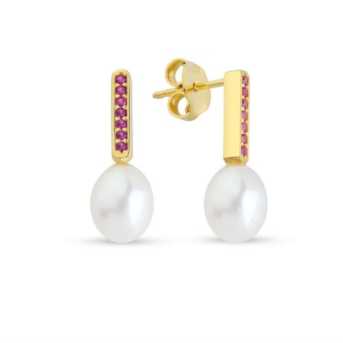 Pembe Yakut Taşlı Doğal Damla İncili Gümüş Bayan Küpe - CNG Jewels
