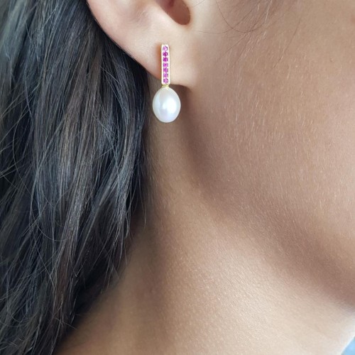 Pembe Yakut Taşlı Doğal Damla İncili Gümüş Kadın Küpe - CNG Jewels (1)