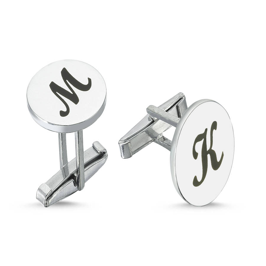  Personalized Round Plate Black Enamel Letter Cufflinks - CNG Jewels