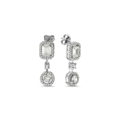 Pırlanta Modeli Baget Yuvarlak Tektaş Anturaj Gümüş Küpe - CNG Jewels