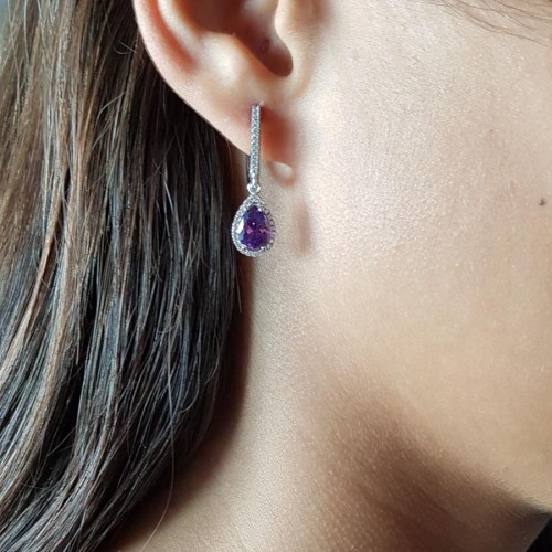 Pırlanta Modeli Damla Ametist Kadın Gümüş Küpe - CNG Jewels