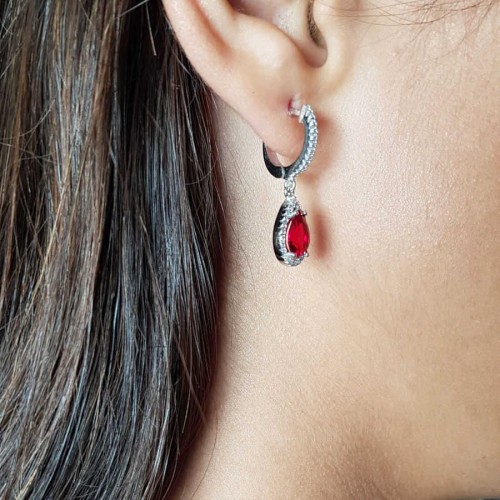 Pırlanta Modeli Damla Ruby Sallantılı Gümüş Küpe - CNG Jewels (1)