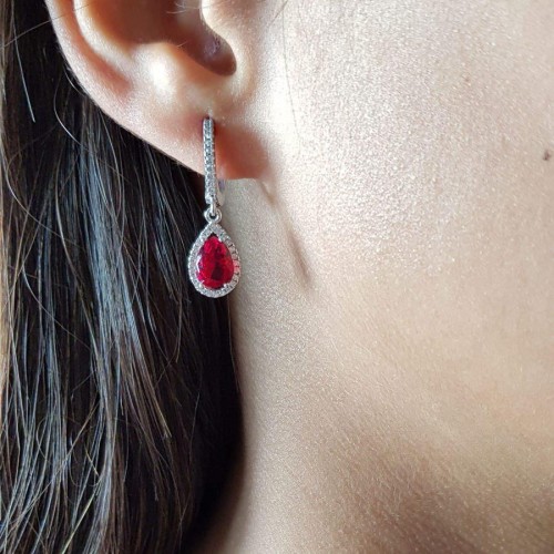Pırlanta Modeli Damla Ruby Sallantılı Gümüş Küpe - CNG Jewels