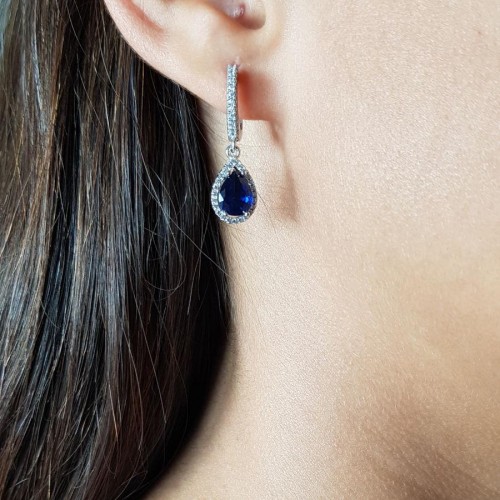 Pırlanta Modeli Safir Damla Taşlı Bayan Gümüş Küpe - CNG Jewels (1)