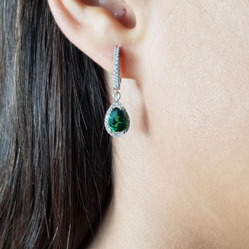 Pırlanta Modeli Sallantılı Zümrüt Damla Taşlı Gümüş Bayan Küpe - CNG Jewels (1)