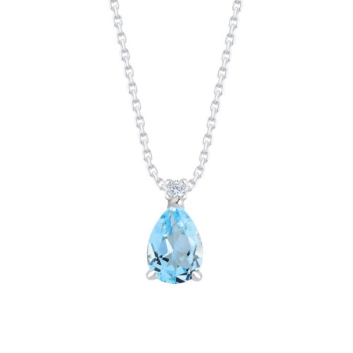 Pırlanta Taşlı Damla Blue Topaz Beyaz Altın Kolye - CNG Jewels
