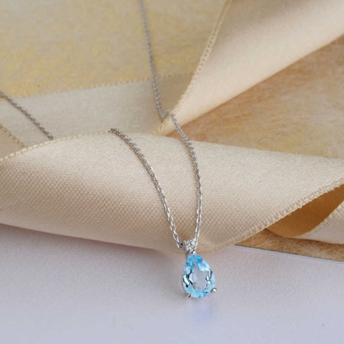 Pırlanta Taşlı Damla Blue Topaz Beyaz Altın Kolye - CNG Jewels (1)