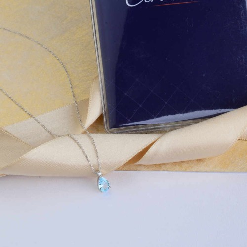 Pırlanta Taşlı Damla Blue Topaz Beyaz Altın Kolye - 3