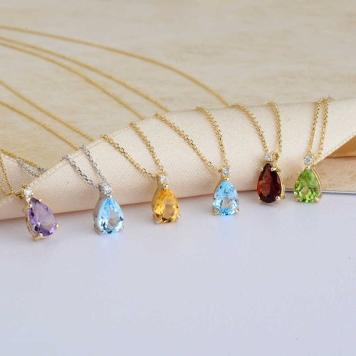 Pırlanta Taşlı Damla Blue Topaz Beyaz Altın Kolye - 4