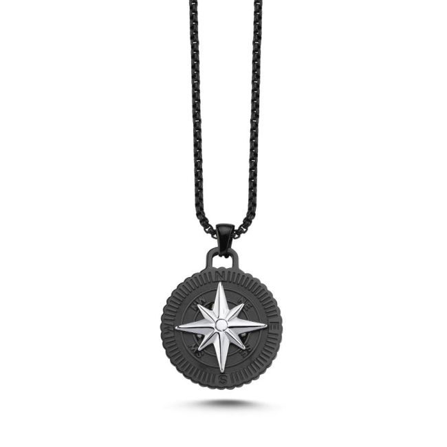 Pusula Siyah Erkek Çelik Kolye - 1