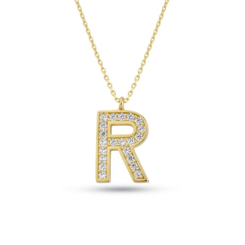 R Harfi Taşlı Altın Kolye - CNG Jewels