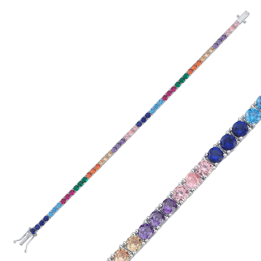 Rainbow Renkli Taşlı Su Yolu Gümüş Bileklik - CNG Jewels