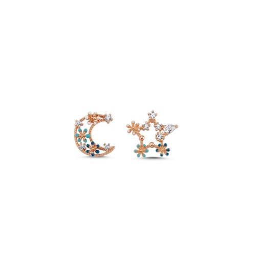 Renkli Çiçekli Ay Yıldız Gümüş Kadın Küpe - CNG Jewels