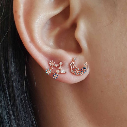 Renkli Çiçekli Ay Yıldız Gümüş Kadın Küpe - CNG Jewels (1)