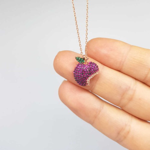 Renkli Taşlı Elma Gümüş Bayan Kolye - CNG Jewels