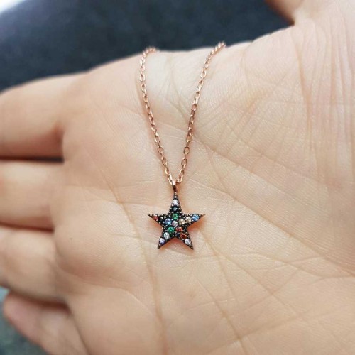 Renkli Taşlı Küçük Yıldız Gümüş Bayan Kolye - CNG Jewels