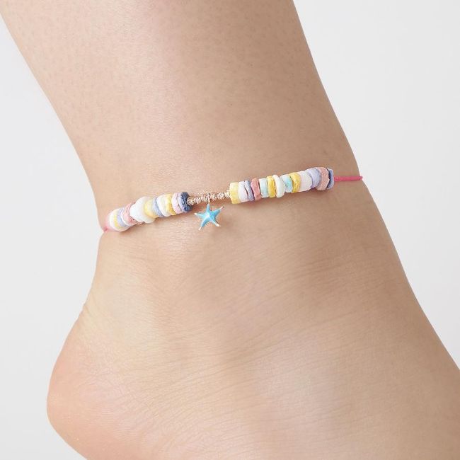 Renkli Taşlı Neon Mavi Yıldızlı İpli Gümüş Halhal - 1